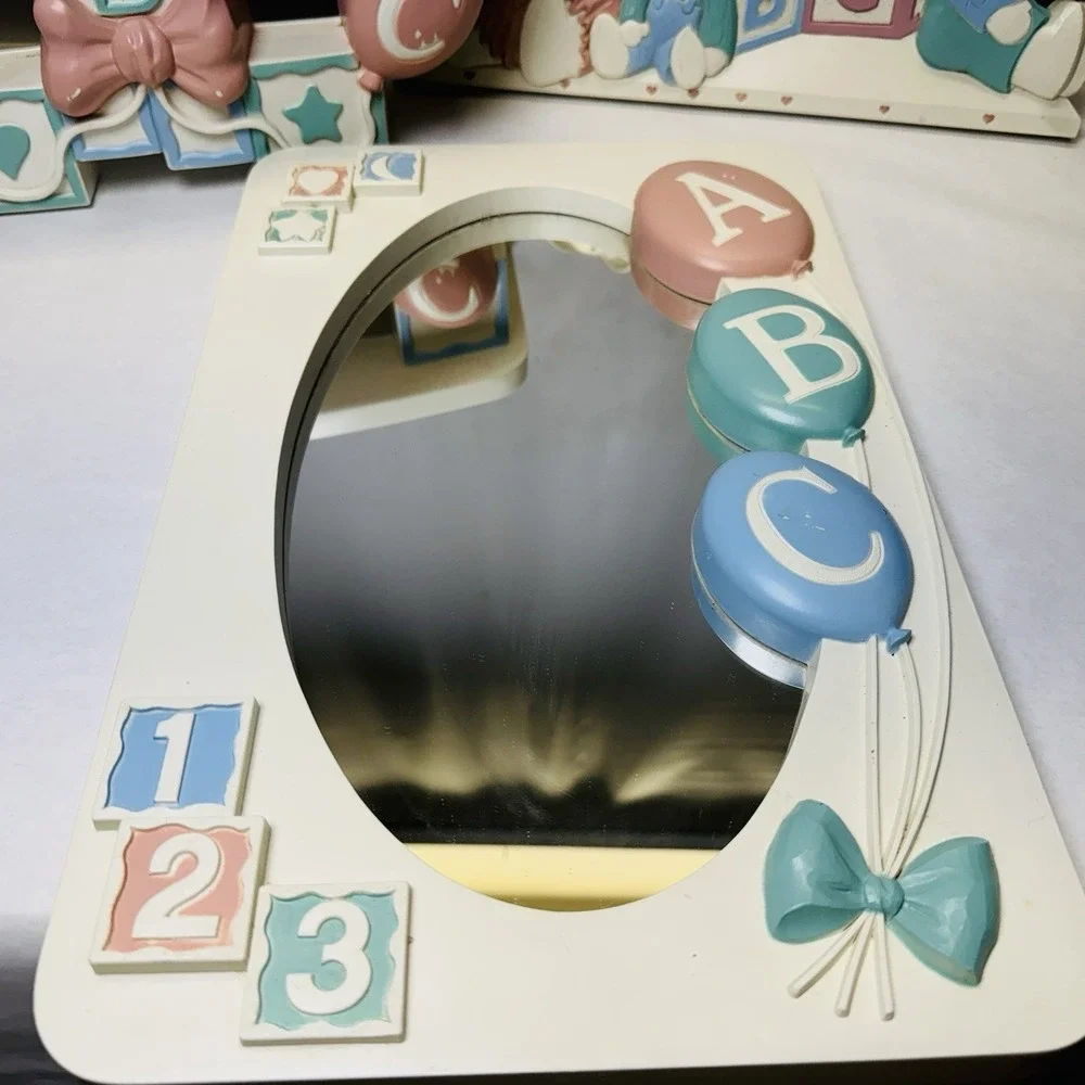 Vintage Homco Wall Hanging Mirror and Shelf Set I Love You Bunnies Balloons 7613